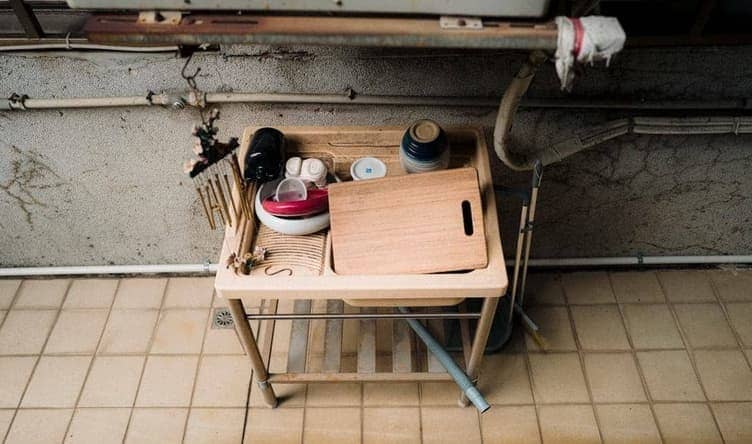 P-trap pipe under a kitchen sink